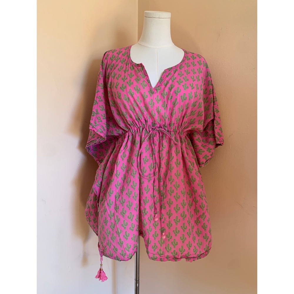 Pax Philomena Pink Cactus Print Cotton Kaftan Tunic One Size Drawstring Tassels